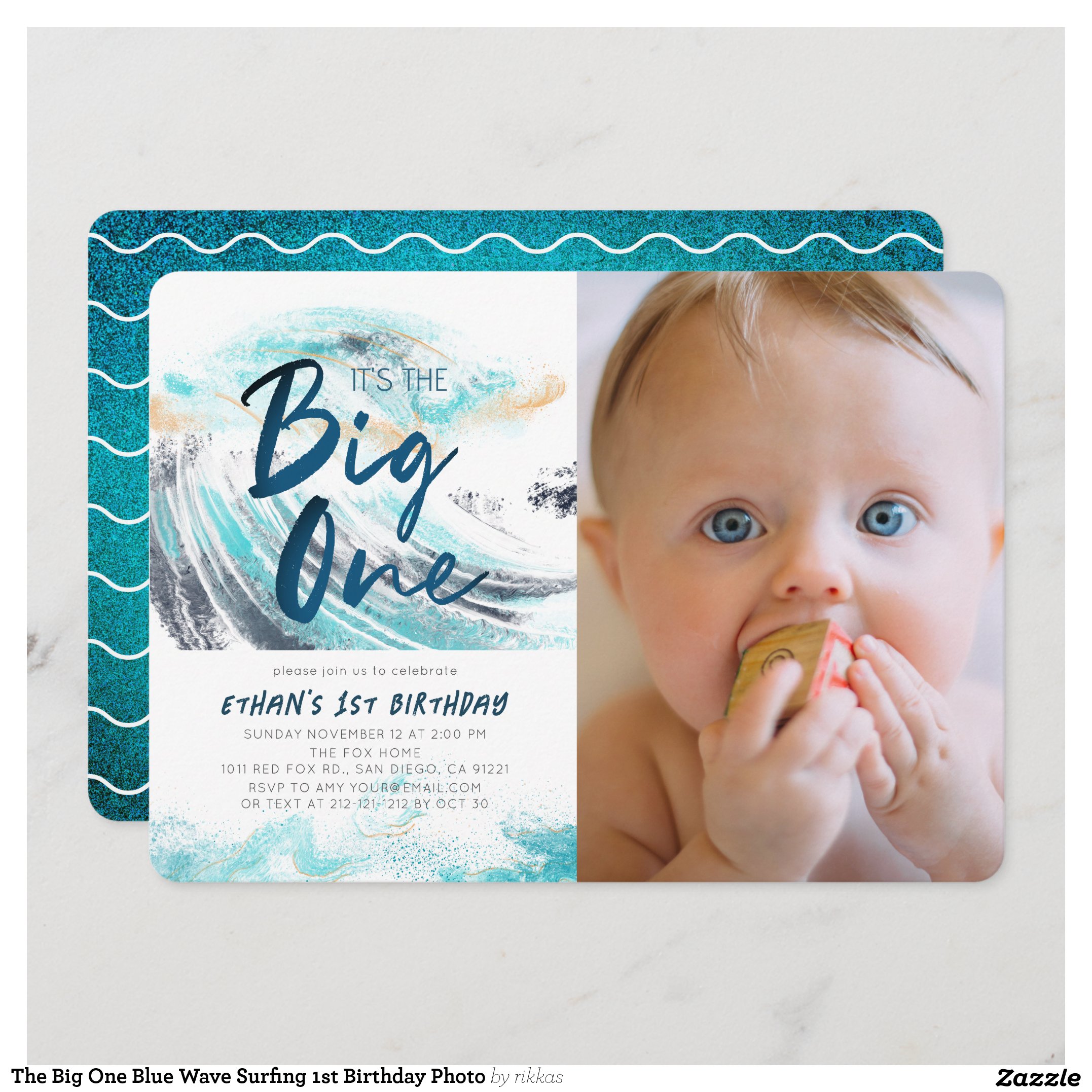 The Big One Blue Wave Surfing 1st Birthday Photo Invitation