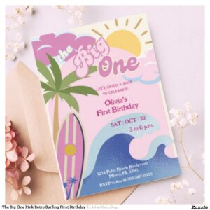 The Big One Pink Retro Surfing First Birthday Invitation