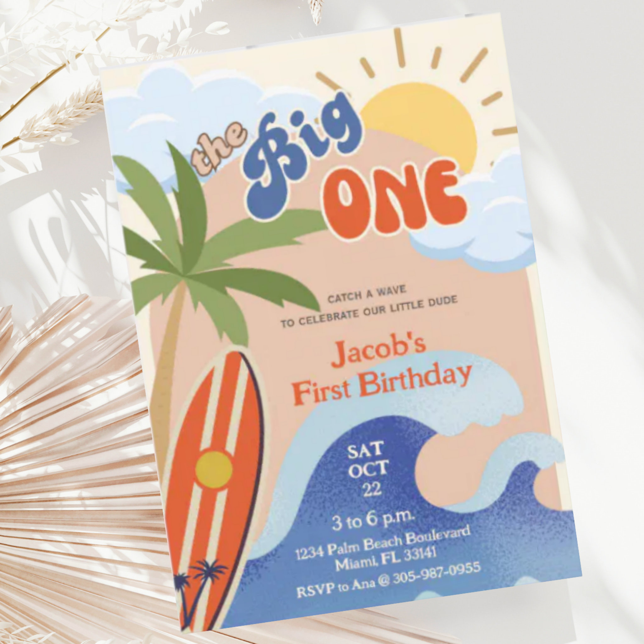 The Big One Rust Retro Surfing First Birthday Invitation