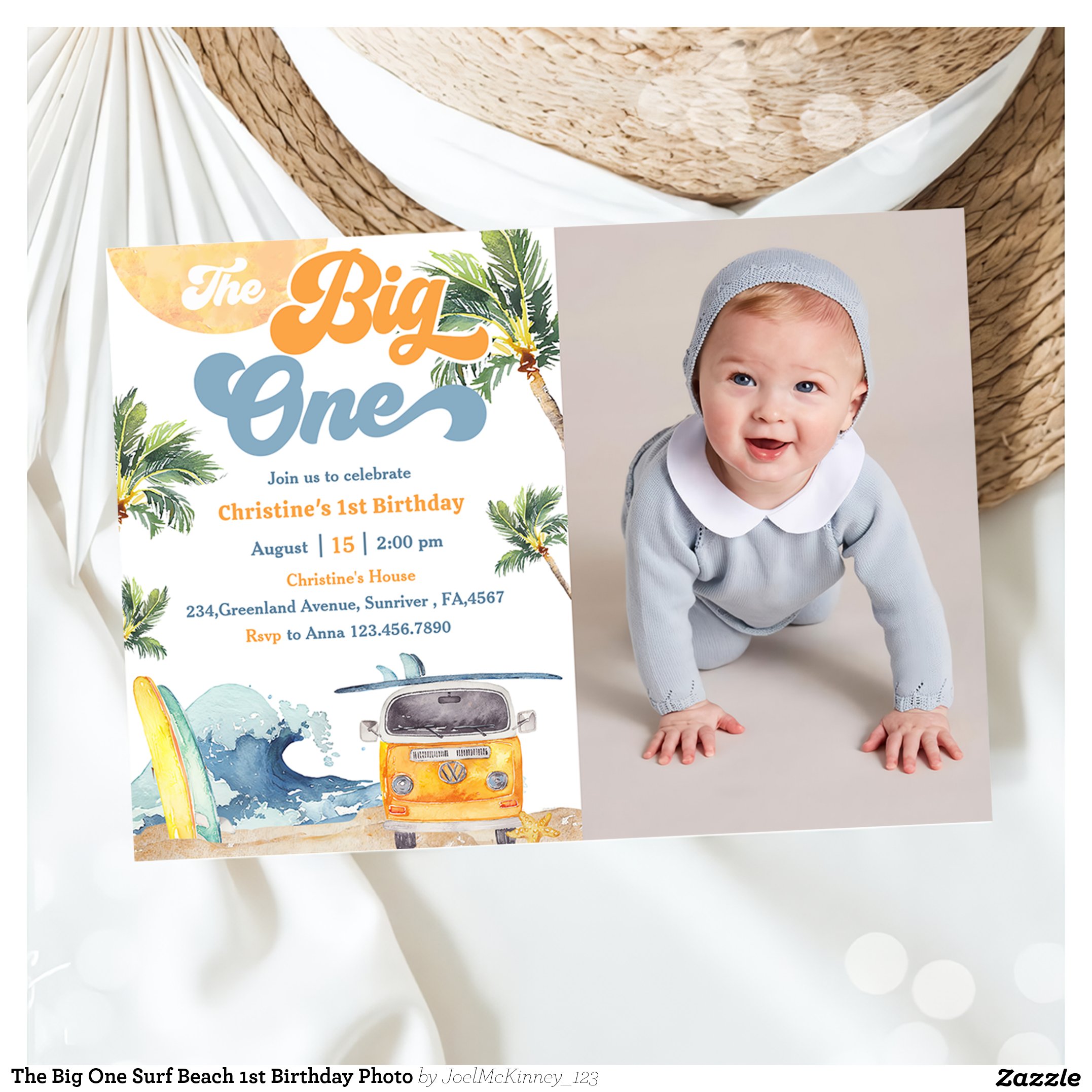 The Big One Surf Beach 1st Birthday Photo Invitation