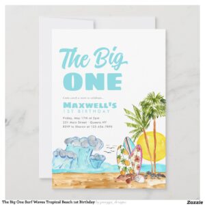 The Big One Surf Waves Tropical Beach 1st Birthday Invitation