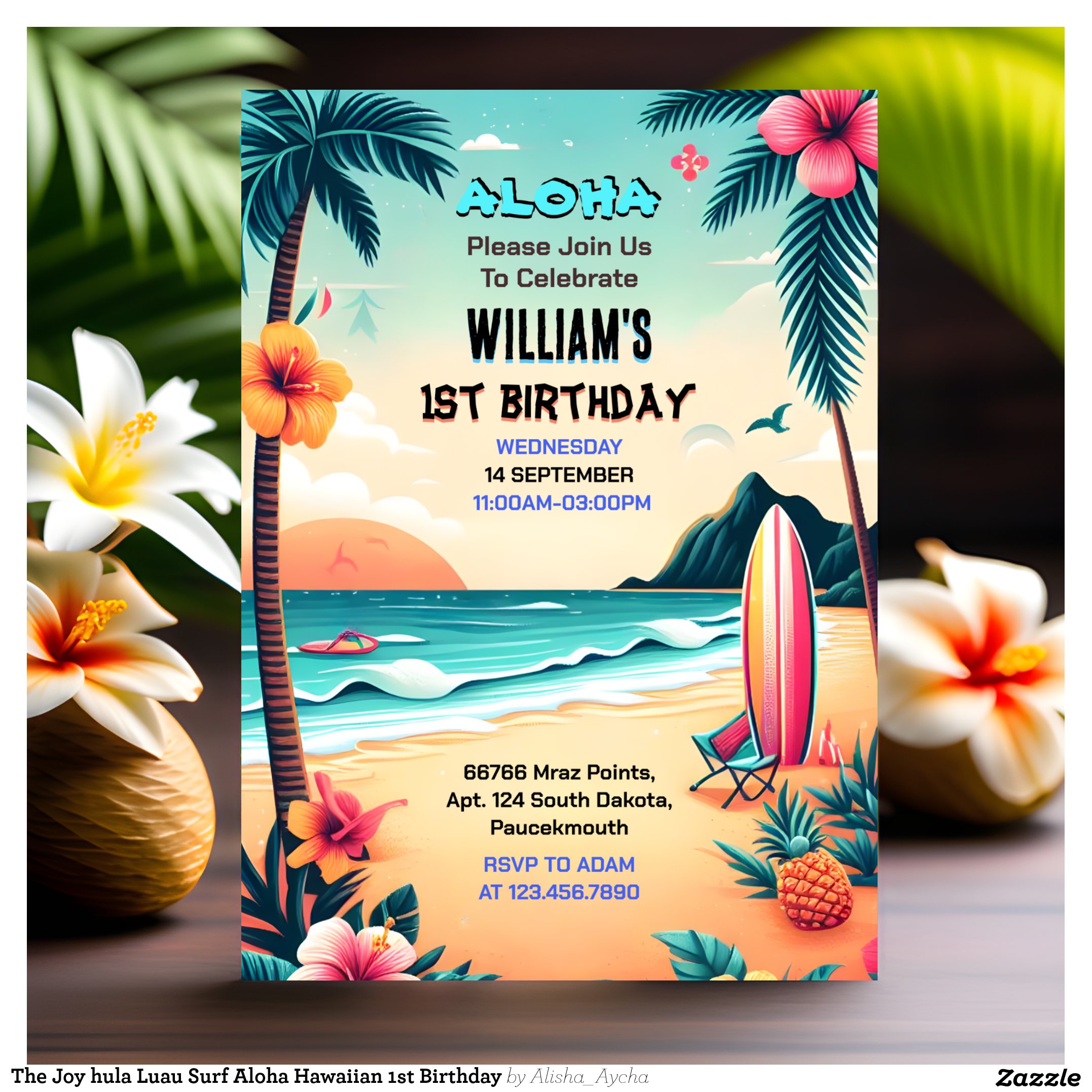 The Joy hula Luau Surf Aloha Hawaiian 1st Birthday Invitation