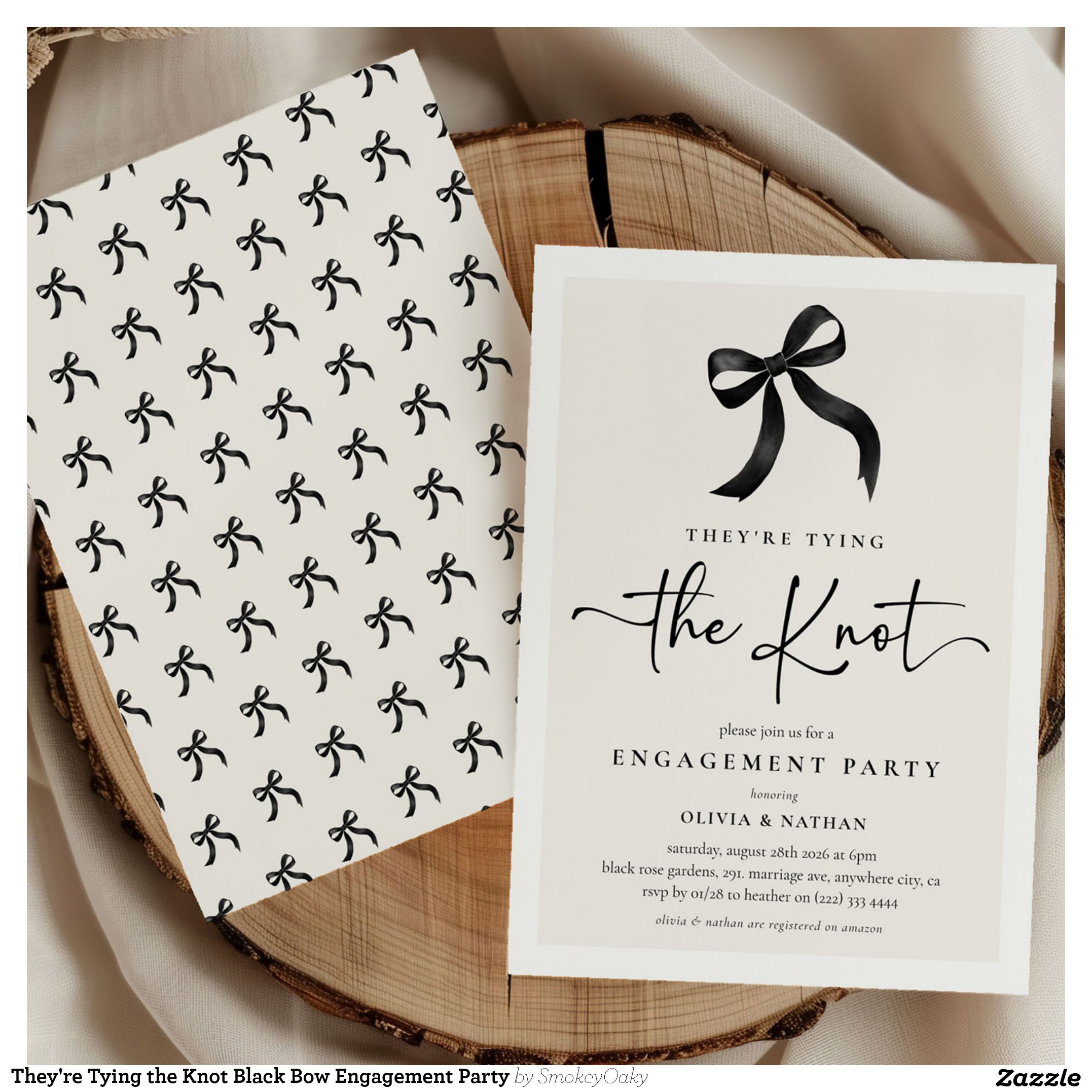 They're Tying the Knot Black Bow Engagement Party Invitation