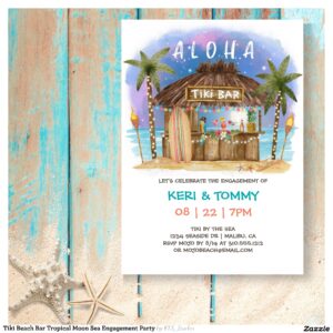 Tiki Beach Bar Tropical Moon Sea Engagement Party Invitation