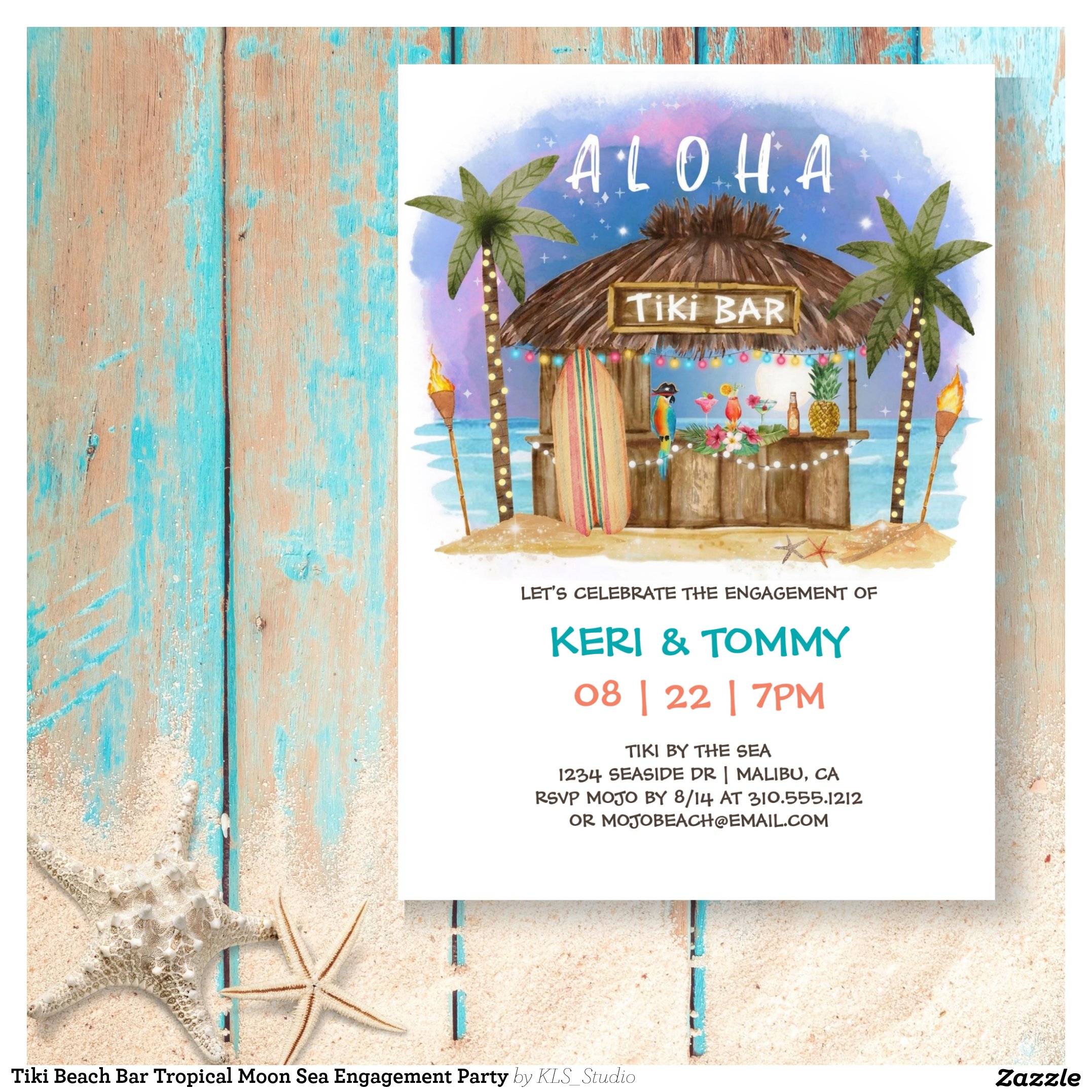 Tiki Beach Bar Tropical Moon Sea Engagement Party Invitation