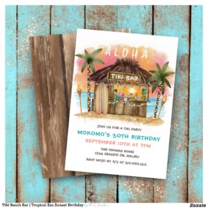 Tiki Beach Bar Tropical Sea Sunset Birthday Invitation
