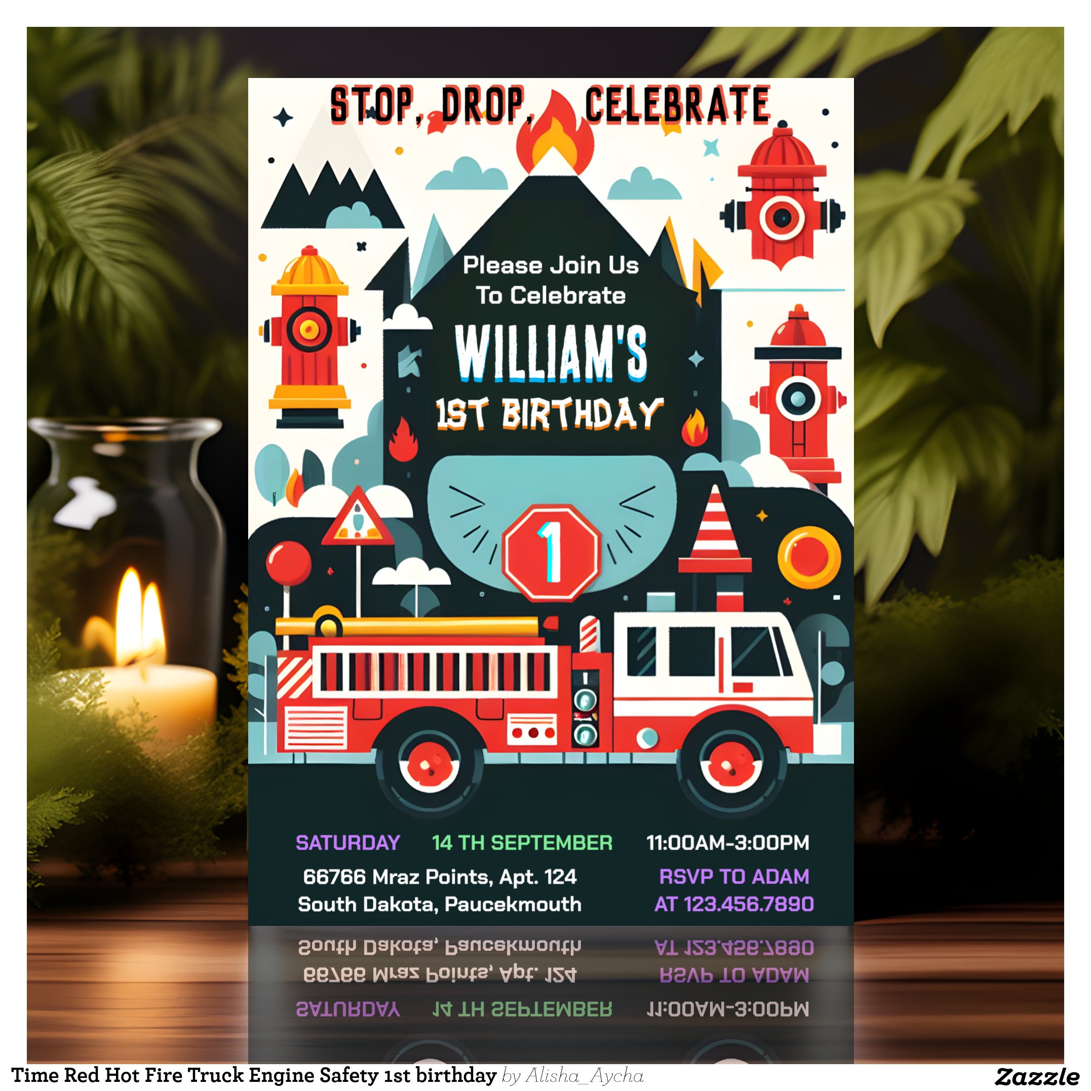 Time Red Hot Fire Truck Engine Safety 1st birthday Invitation
