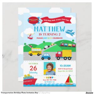 Transportation Birthday Photo Invitation Boy