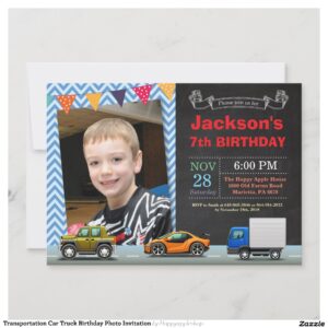 Transportation Car Truck Birthday Photo Invitation