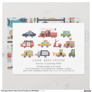 Transportation City Cars & Trucks 1st Birthday Invitation