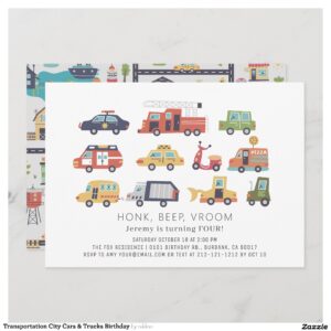 Transportation City Cars & Trucks Birthday Invitation