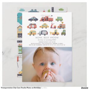Transportation City Cars Trucks Photo 1st Birthday Invitation