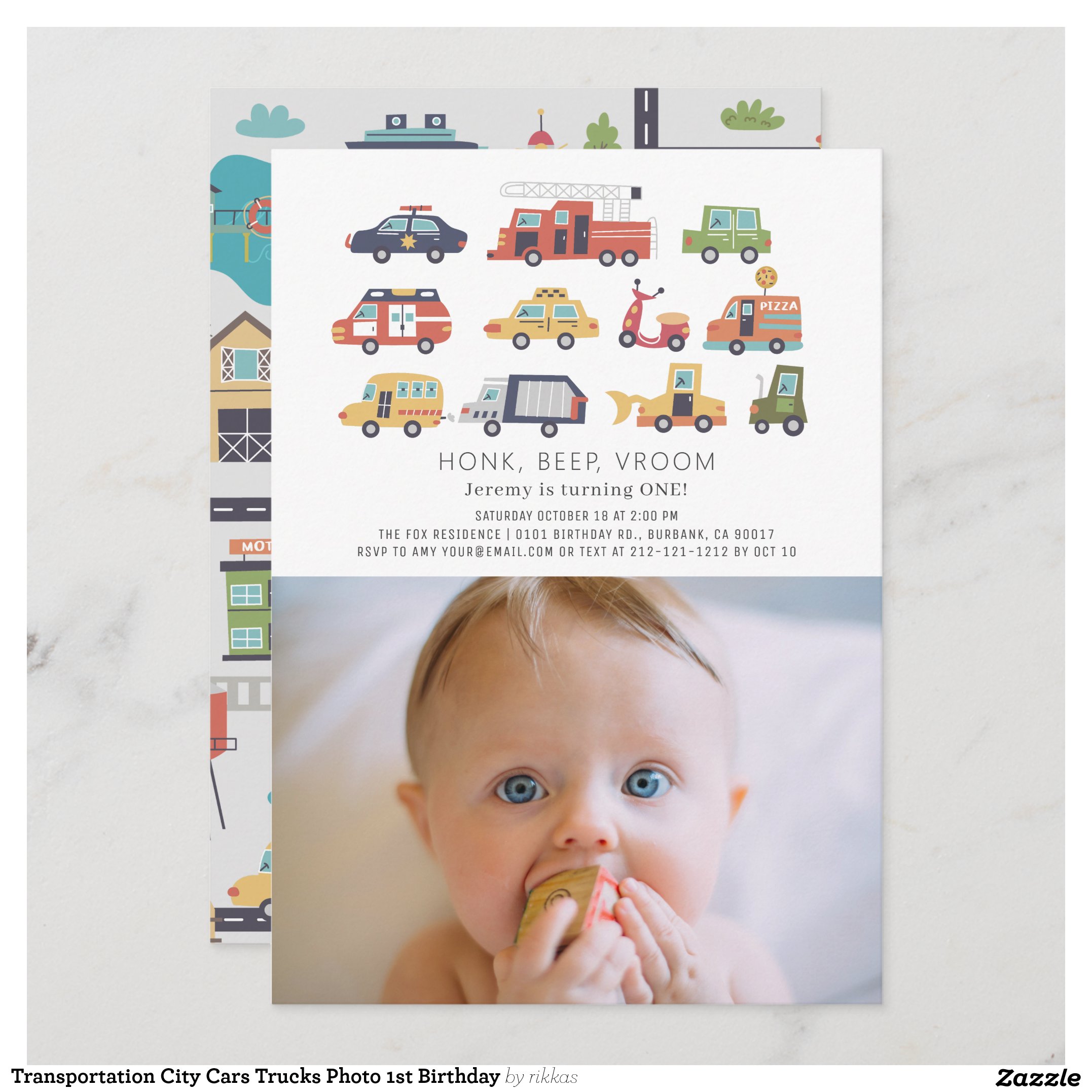 Transportation City Cars Trucks Photo 1st Birthday Invitation