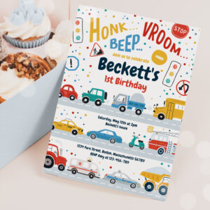 Transportation Trucks Diggers Cars Birthday Party Invitation