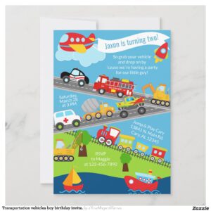Transportation vehicles boy birthday invite. invitation