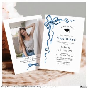 Trendy Blue Bow Coquette PHOTO Graduation Party Invitation