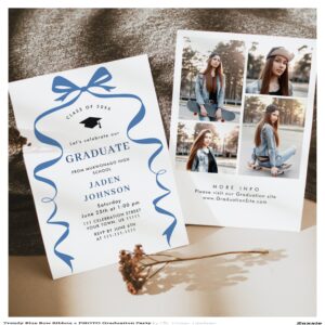 Trendy Blue Bow Ribbon 4 PHOTO Graduation Party Invitation
