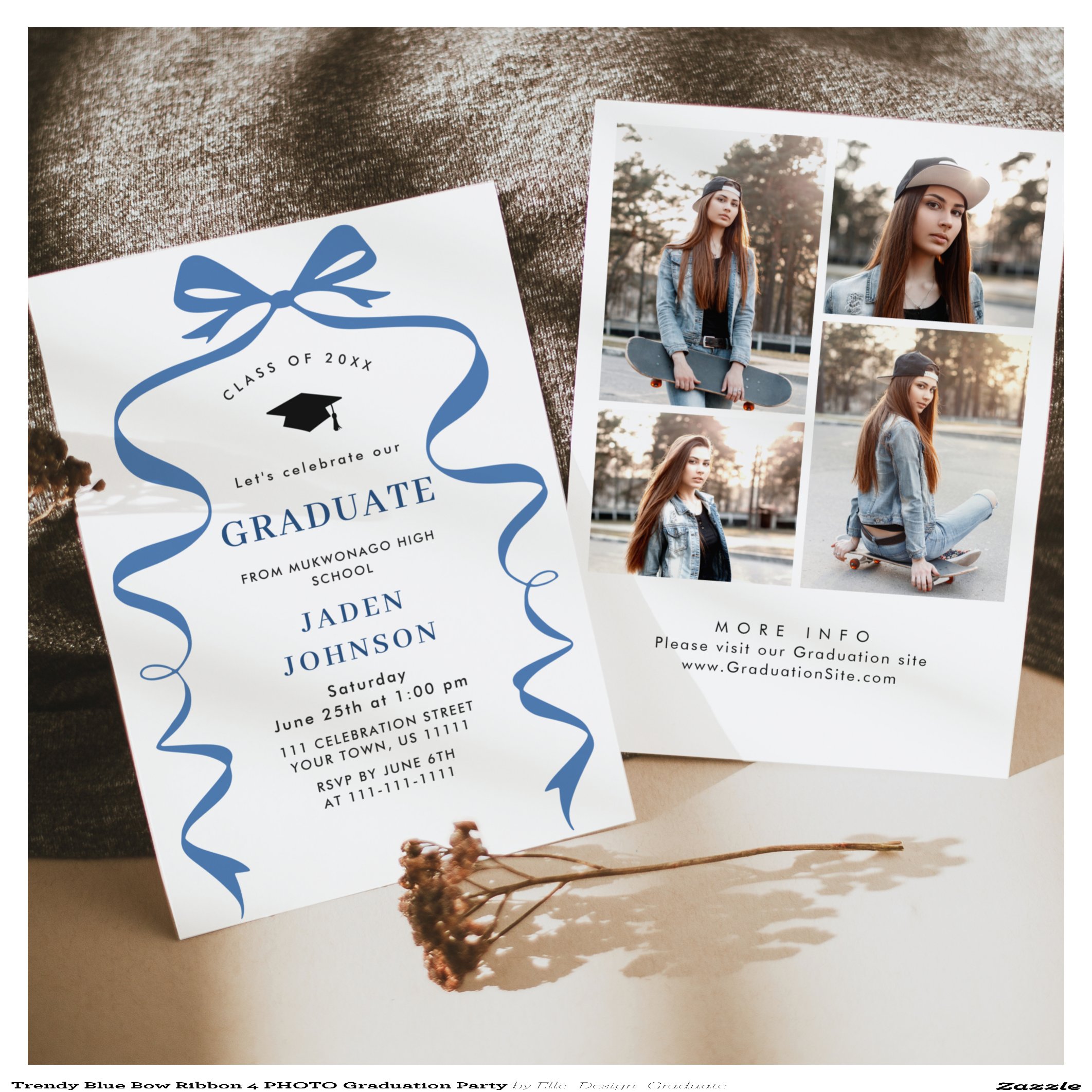 Trendy Blue Bow Ribbon 4 PHOTO Graduation Party Invitation