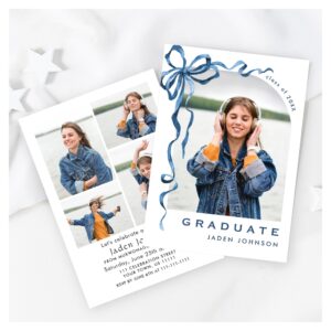 Trendy Blue Bow Ribbon 5 PHOTO Graduation Party Invitation