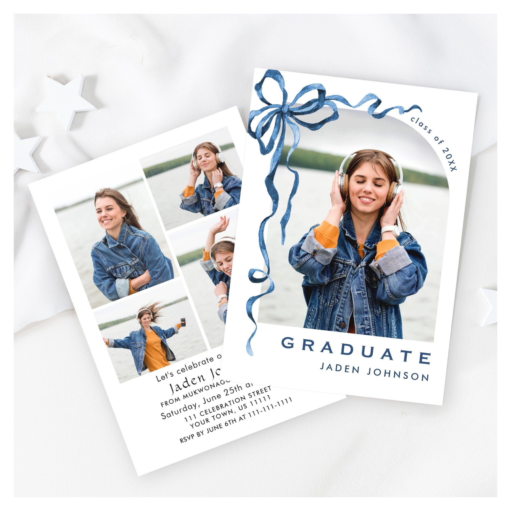 Trendy Blue Bow Ribbon 5 PHOTO Graduation Party Invitation