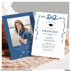 Trendy Blue Bow Ribbon PHOTO Graduation Party Invitation