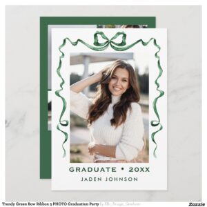 Trendy Green Bow Ribbon 5 PHOTO Graduation Party Invitation