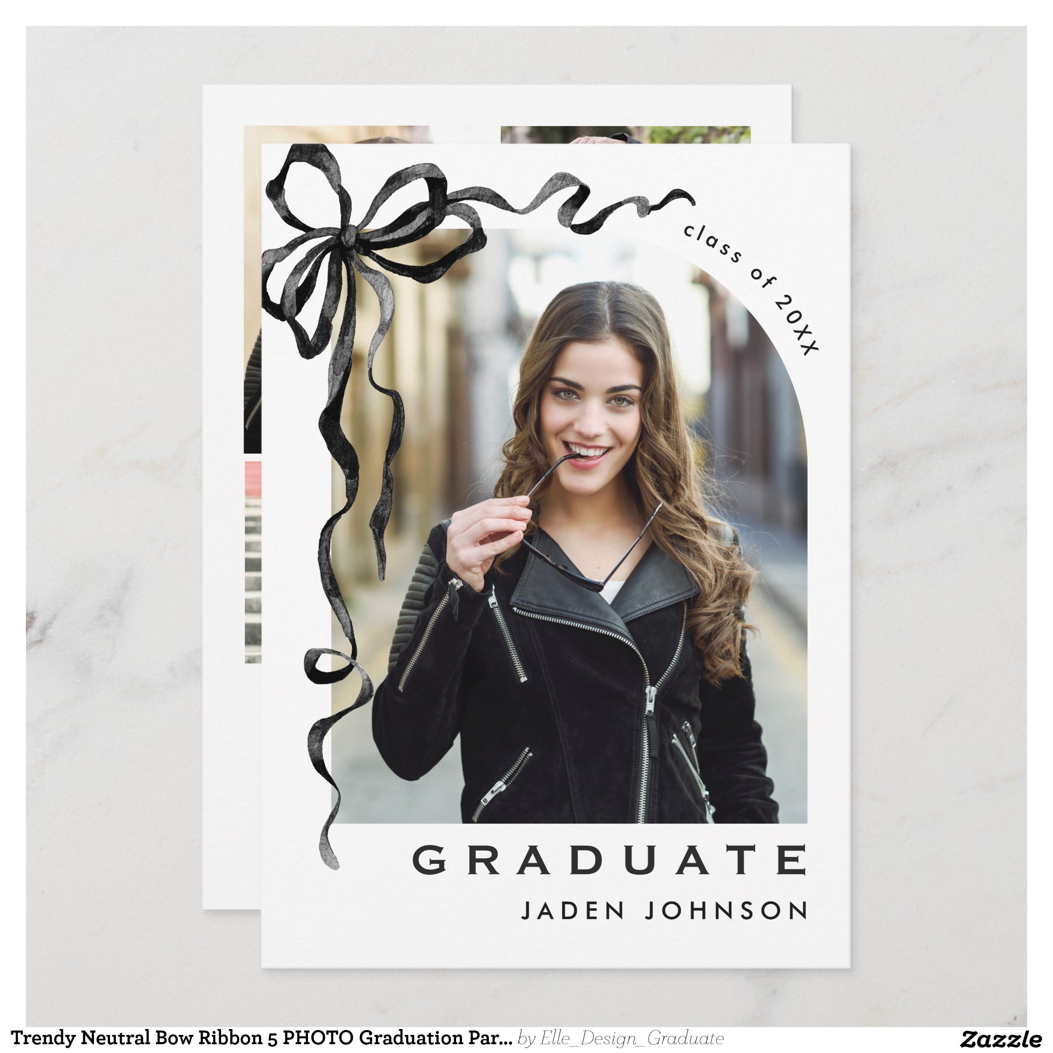 Trendy Neutral Bow Ribbon 5 PHOTO Graduation Party Invitation
