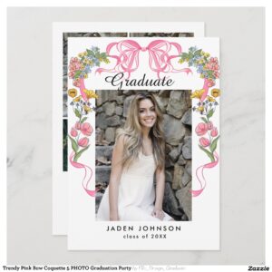 Trendy Pink Bow Coquette 5 PHOTO Graduation Party Invitation