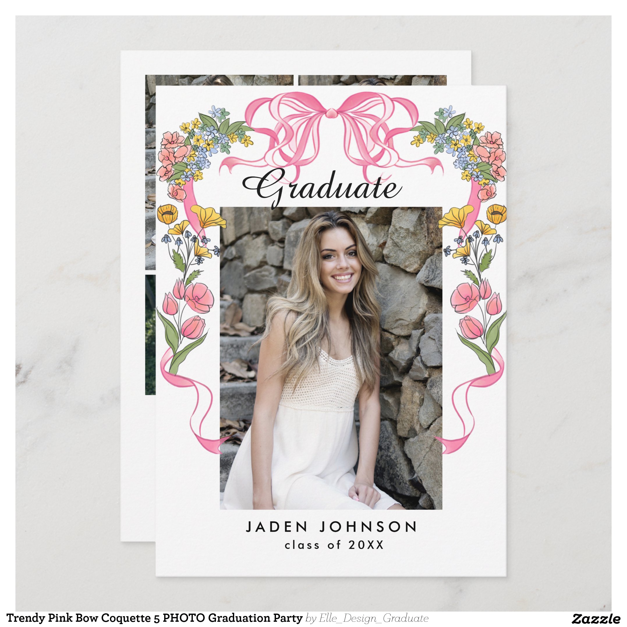 Trendy Pink Bow Coquette 5 PHOTO Graduation Party Invitation