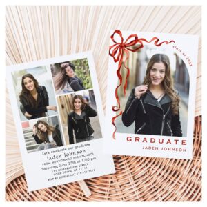Trendy Red Bow Ribbon 5 PHOTO Graduation Party Invitation