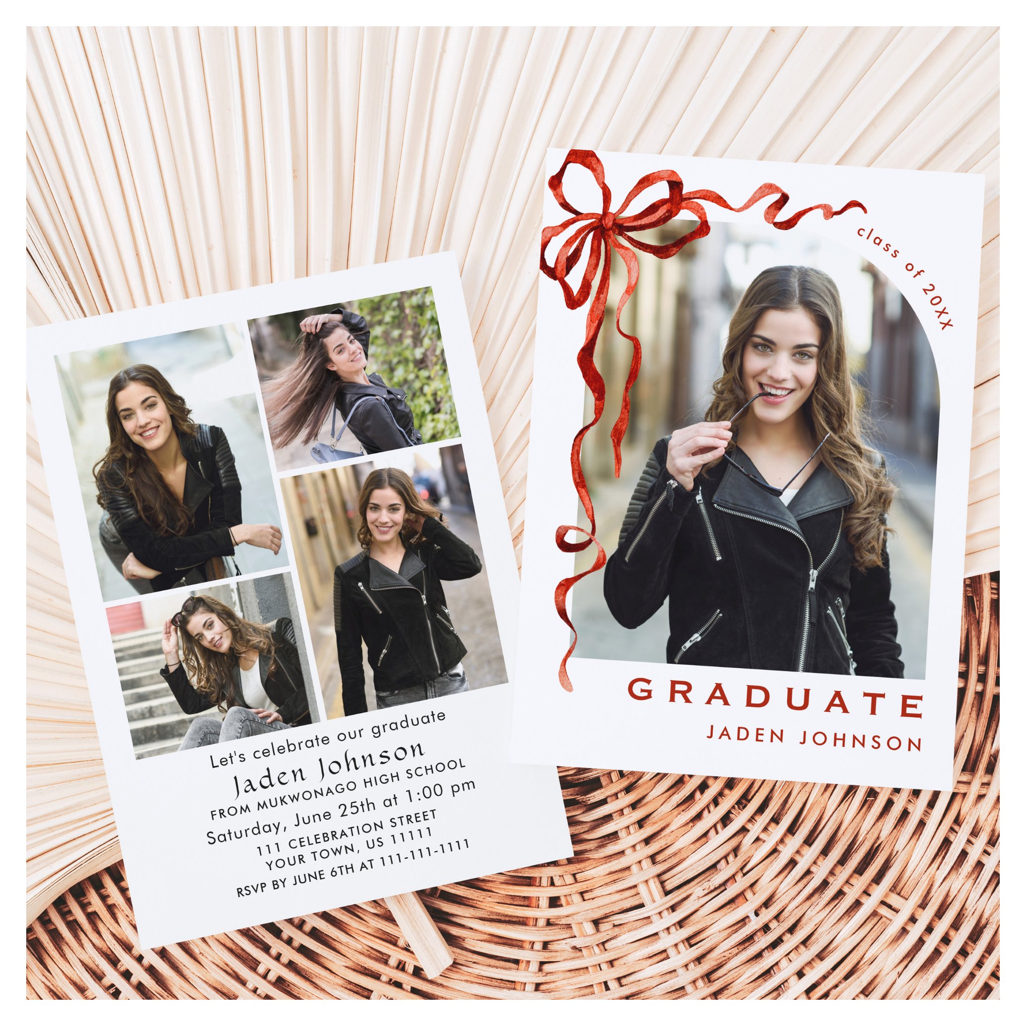 Trendy Red Bow Ribbon 5 PHOTO Graduation Party Invitation