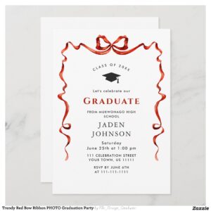 Trendy Red Bow Ribbon PHOTO Graduation Party Invitation