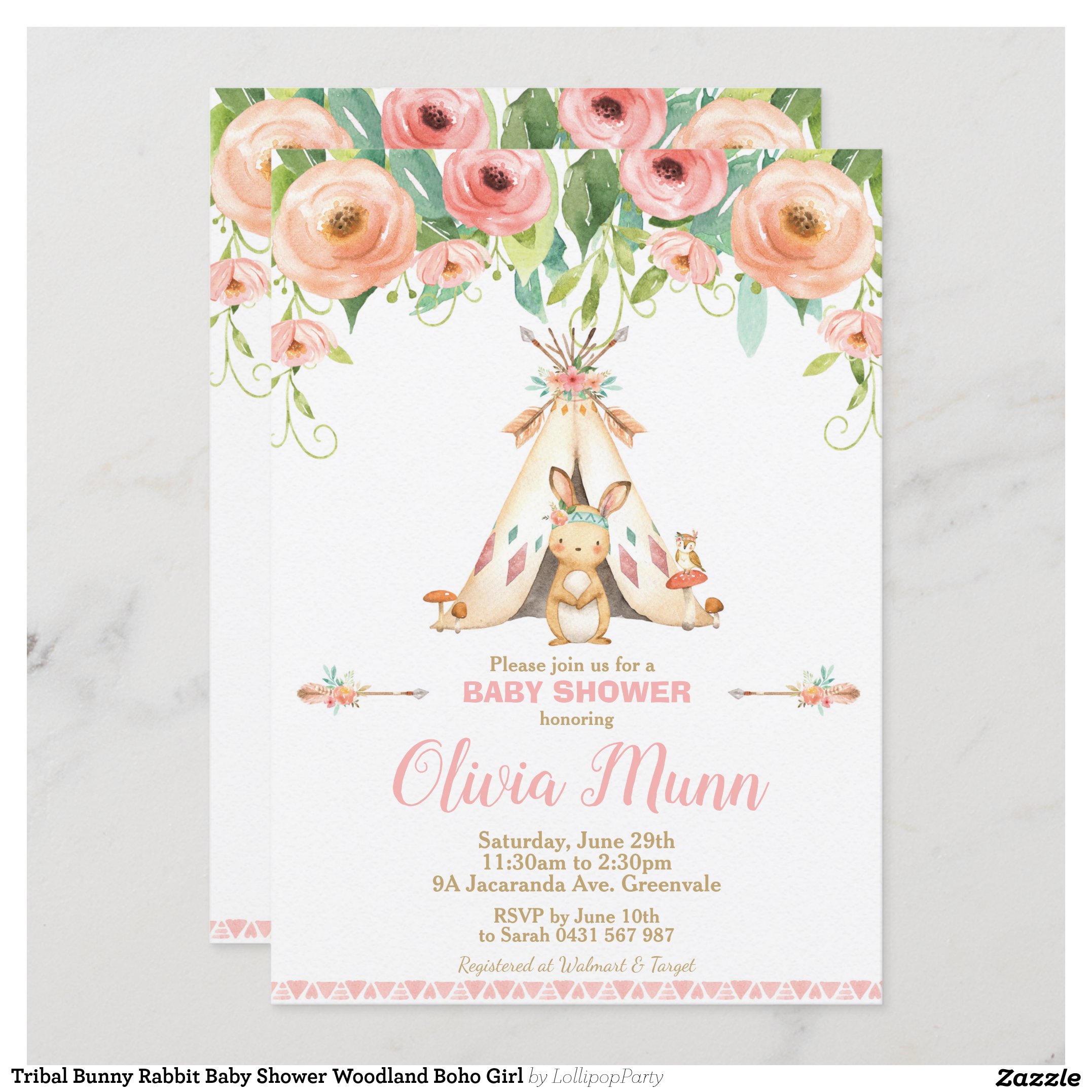 Tribal Bunny Rabbit Baby Shower Woodland Boho Girl Invitation