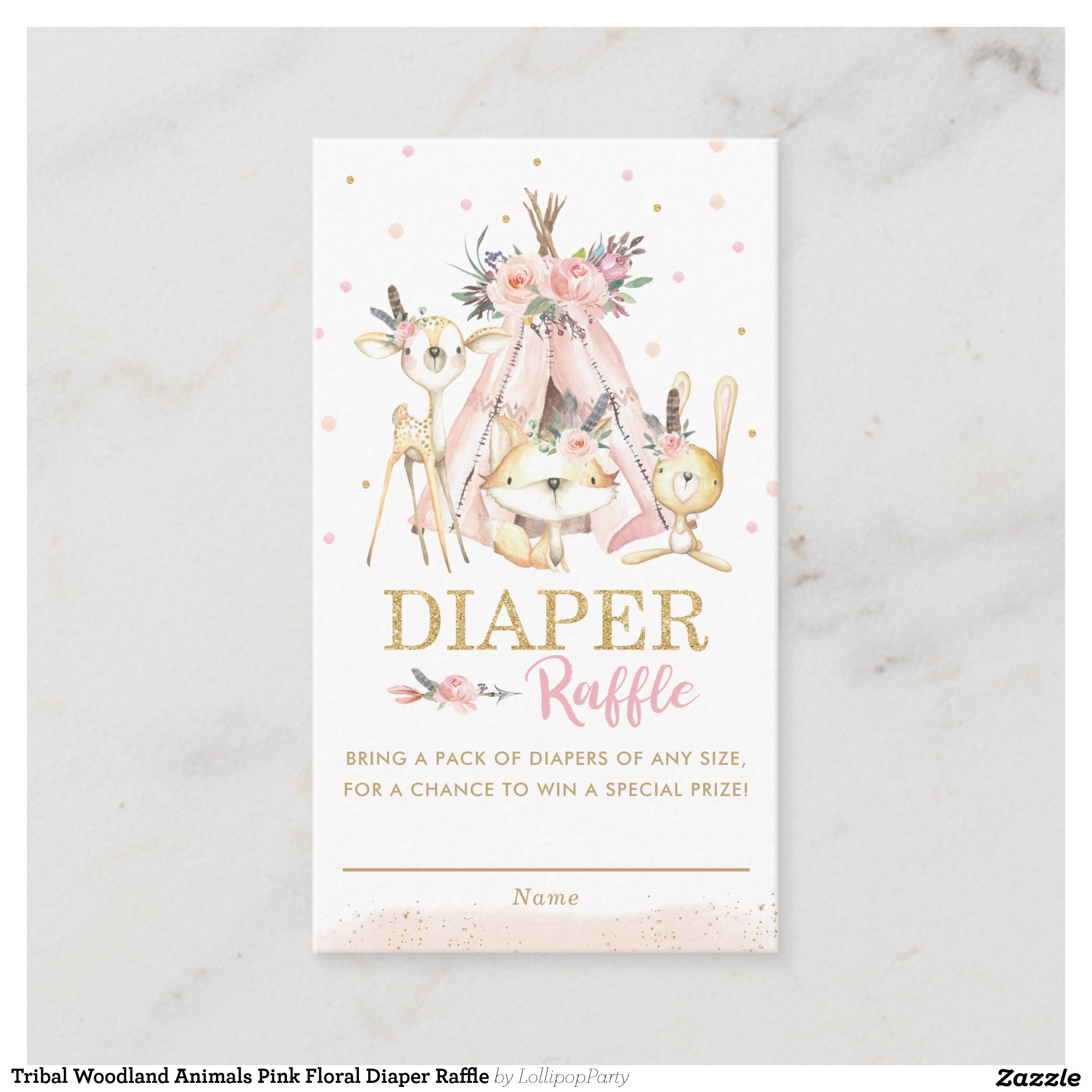 Tribal Woodland Animals Pink Floral Diaper Raffle Enclosure Card