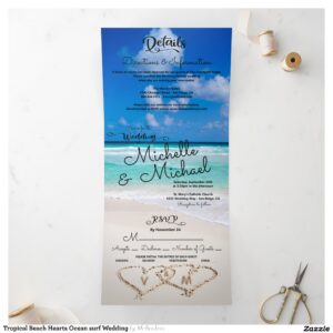 Tropical Beach Hearts Ocean surf Wedding Tri-Fold Invitation