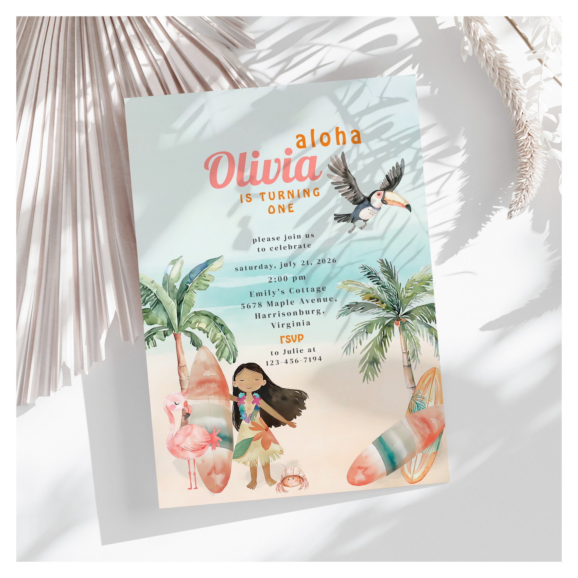 Tropical Beach Summer Surf Sea 1st Birthday Girl Invitation