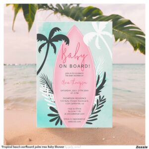 Tropical beach surfboard palm tree Baby Shower Invitation