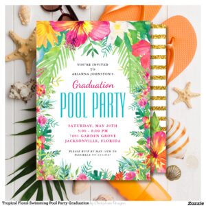 Tropical Floral Swimming Pool Party Graduation Invitation