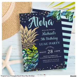 Tropical Luau Pineapple Beach Navy Blue Birthday Invitation