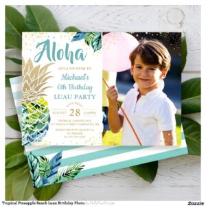 Tropical Pineapple Beach Luau Birthday Photo Invitation