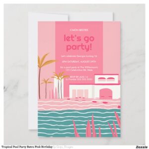 Tropical Pool Party Retro Pink Birthday Invitation