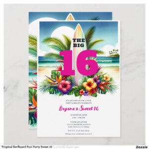Tropical Surfboard Pool Party Sweet 16 Invitation