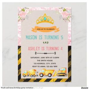 Truck and tiaras birthday party invitation