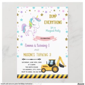 truck and unicorn joint birthday invitation