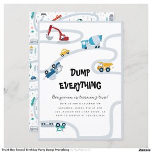 Truck Boy Second Birthday Party Dump Everything Invitation