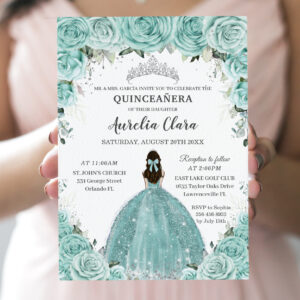 Turquoise Green Floral Princess Silver Quincea?era Invitation
