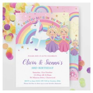 Twins Blonde Blue Eyes Princesses Unicorn Birthday Invitation