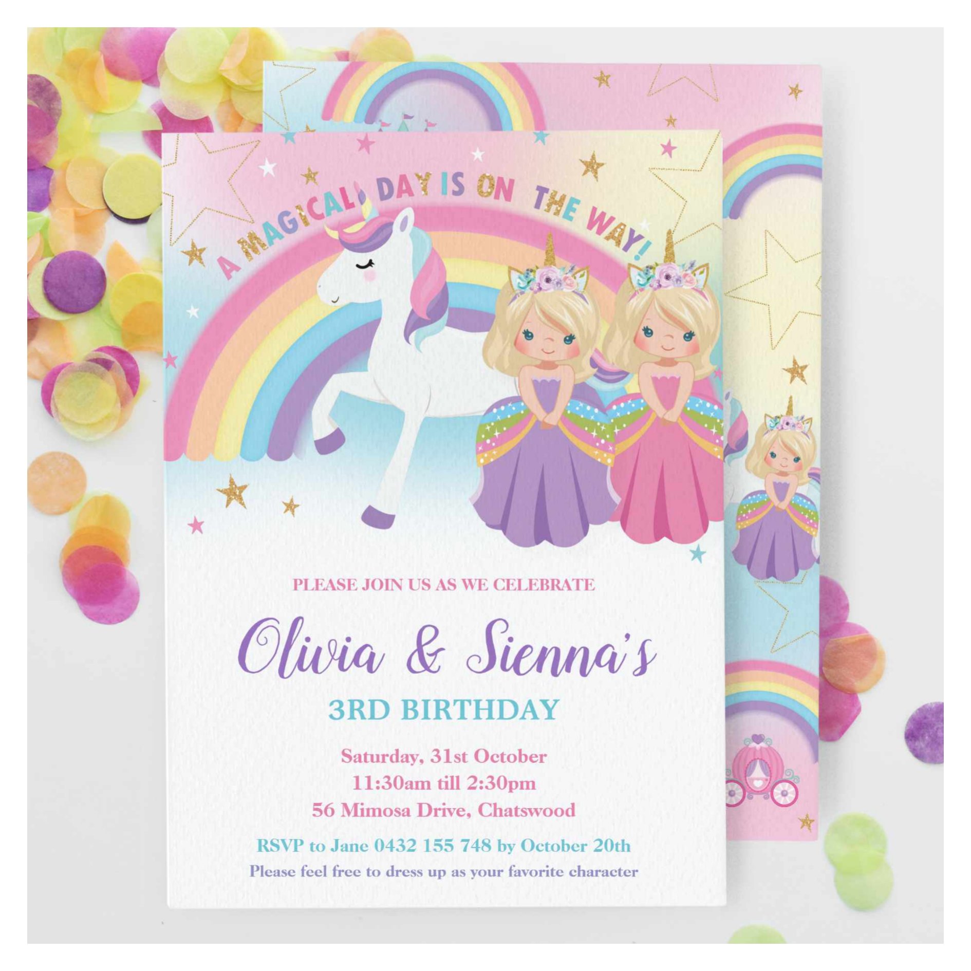 Twins Blonde Blue Eyes Princesses Unicorn Birthday Invitation
