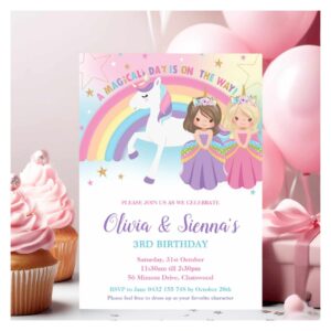 Twins Blonde Brunette Princesses Unicorn Birthday Invitation