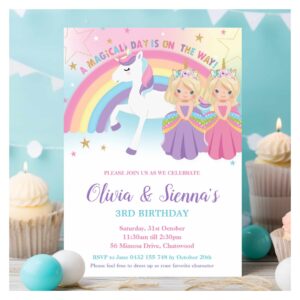 Twins Blonde Princesses and Unicorn Birthday Party Invitation